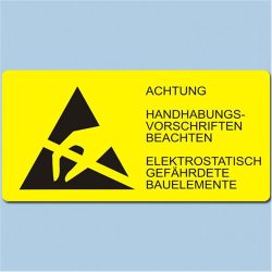   Etikett, ESD logo és figyelmeztető felirat, 37x74 mm. Német 1000/tekercs keresztben