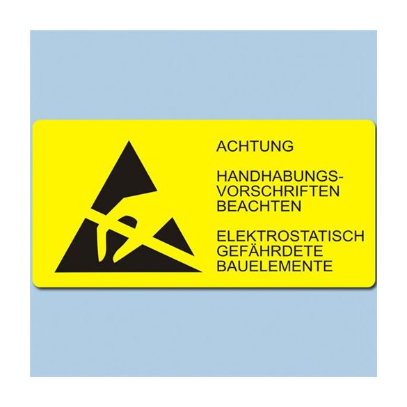 Etikett, ESD logo és figyelmeztető felirat, 37x74 mm. Német 1000/tekercs keresztben