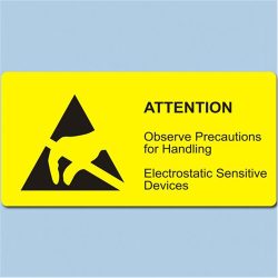   Etikett, ESD logo és figyelmeztető felirat, 37x74 mm. Angol 1500/tekercs hosszában