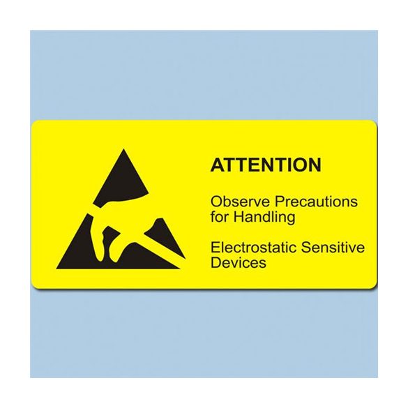Etikett, ESD logo és figyelmeztető felirat, 37x74 mm. Angol 1500/tekercs hosszában